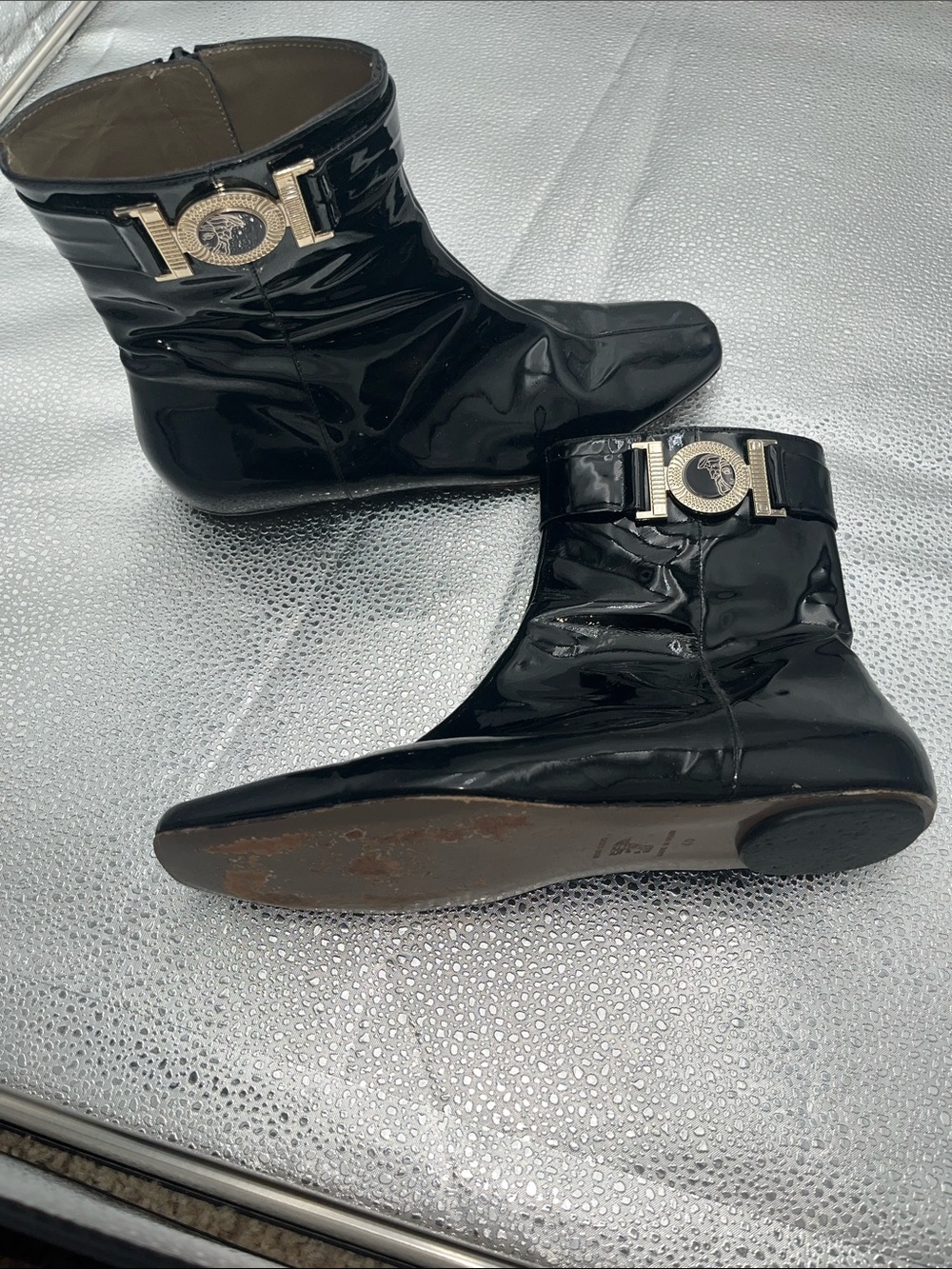 vintage Versace patent leather flat ankle boots